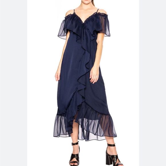 Misa Los Angeles Tayla Martina midi dress Elegant Navy Blue Ruffled size small - Picture 1 of 13
